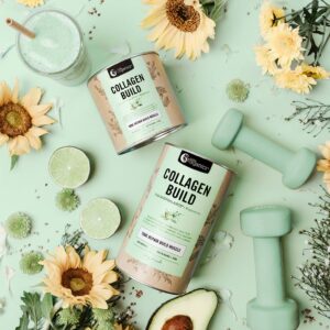Nutra Organics Collagen Build styled image with mint green dumbells