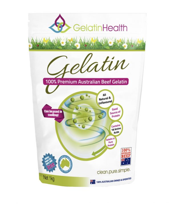 Gelatin Health food grade gelatin front view of a 1000 gram package