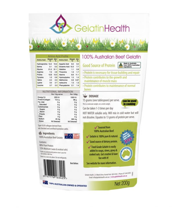 Gelatin Health Australian beef gelatin rear view of a 200 gram package