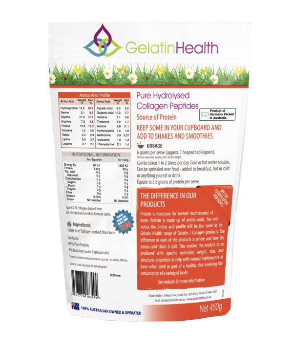 Back package view of Gelatin Health 100 percent beef collagen for healthy bones