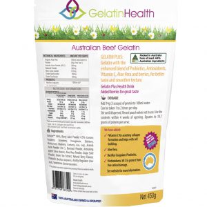 Gelatin Health brand Gelatin Plus rear view of a 450 gram package