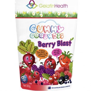 Gelatin Health Gummy Goodness berry blast front view of a 300 gram package
