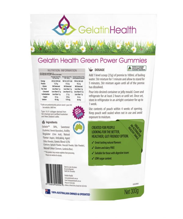 Gelatin Health green power gummy goodness powder rear view of a 300 gram package