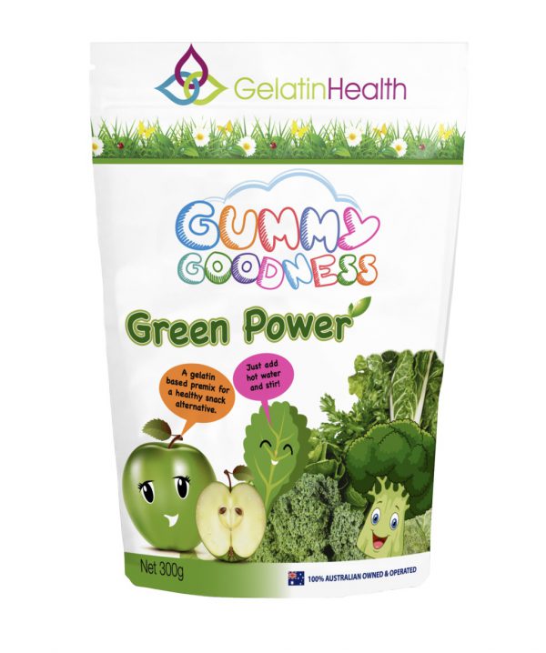 Gelatin Health green power gummy goodness powder front view of a 300 gram package