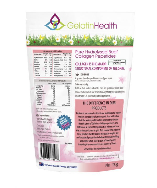 Gelatin Health Skin a collagen formula for soft skin rear package of 100 grams