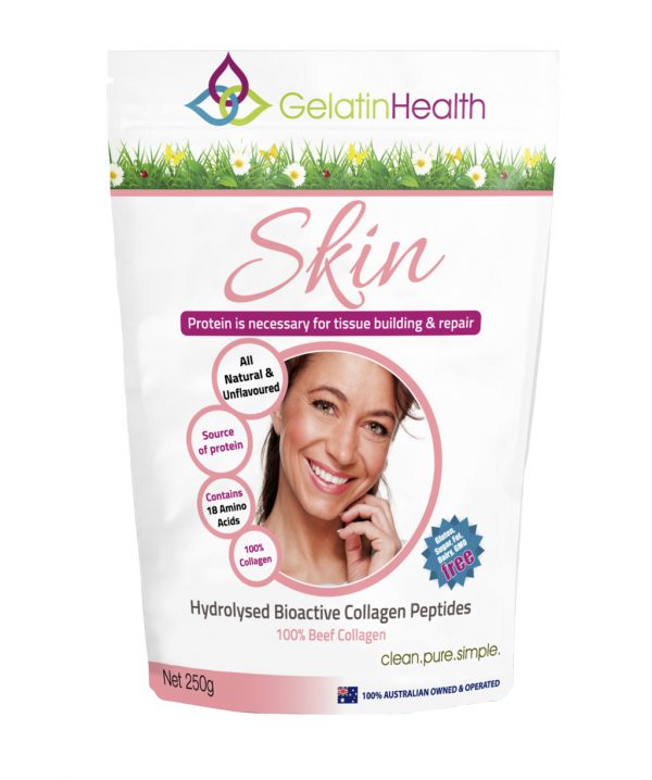 Gelatin Health Skin a collagen formula for soft skin front package of 250 grams