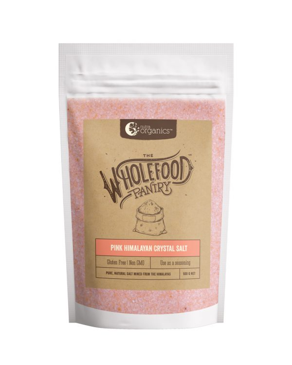 Nutra Organics Pink Himalayan Crystal Salt in a 600 gram container