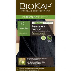BioKap Nutricolor Delicato RAPID Permanent Hair Dye 1.0 Natural Black in a 135 ml package.