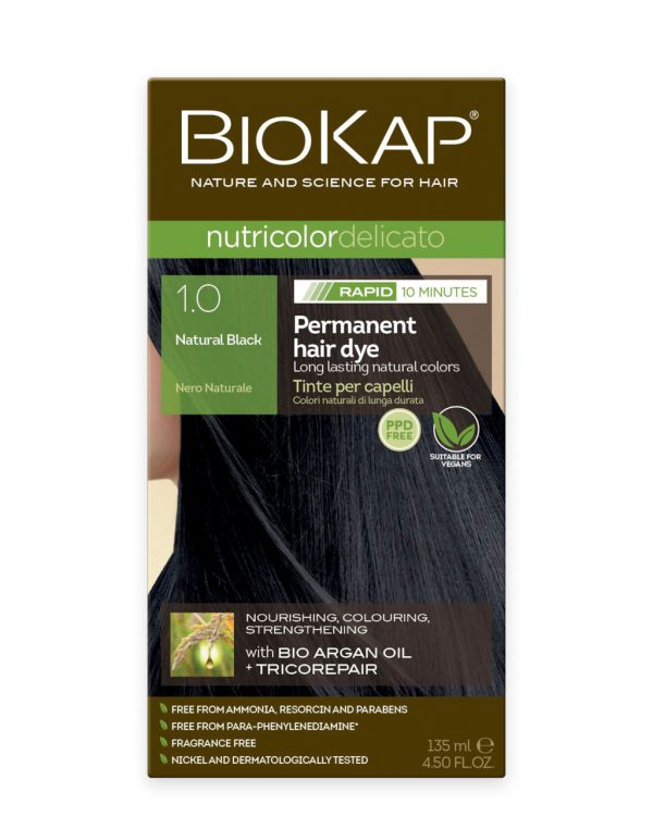 BioKap Nutricolor Delicato RAPID Permanent Hair Dye 1.0 Natural Black in a 135 ml package.