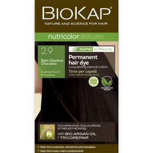 BioKap Nutricolor Delicato RAPID Permanent Hair Dye 2.9 Dark Chestnut Chocolate in a 135 ml package.