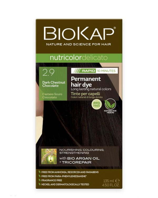 BioKap Nutricolor Delicato RAPID Permanent Hair Dye 2.9 Dark Chestnut Chocolate in a 135 ml package.