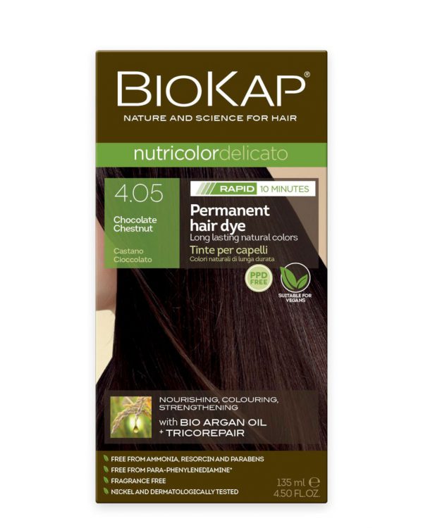 BioKap Nutricolor Delicato RAPID Permanent Hair Dye 4.05 Chocolate Chestnut in a 135 ml package.