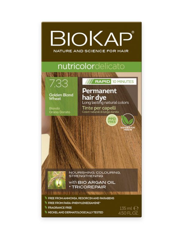 BioKap Nutricolor Delicato RAPID Permanent Hair Dye 7.33 Golden Blond Wheat in a 135 ml package.