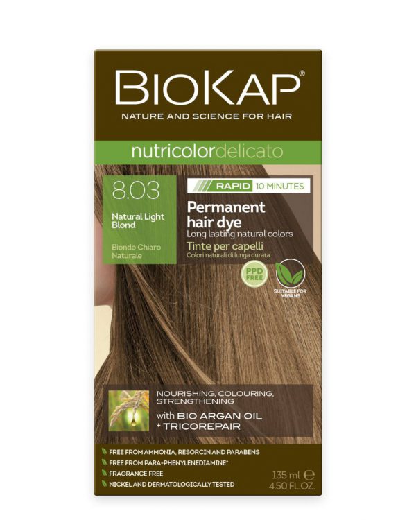 BioKap Nutricolor Delicato RAPID Permanent Hair Dye 8.03 Natural Light Blond in a 135 ml package.