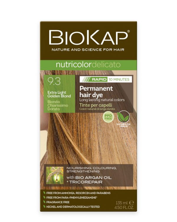 BioKap Nutricolor Delicato RAPID Permanent Hair Dye 9.3 Extra Light Golden Blond in a 135 ml package.