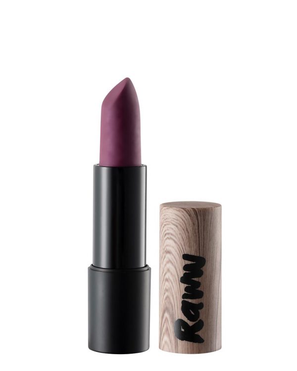 Raww - Coconut Kiss Lipstick in the shade of Bruised Blackberry displayed with cap off