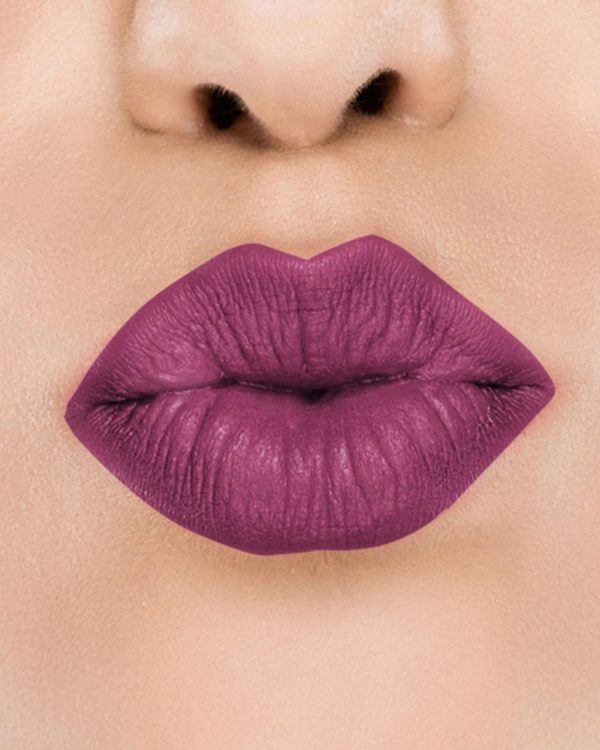 Raww - Coconut Kiss Lipstick in the shade of Bruised Blackberry with a closeup image applied to a woman's puckered lips