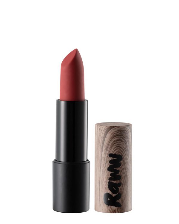 Raww - Coconut Kiss Lipstick in the shade of Candy Apple displayed with cap off