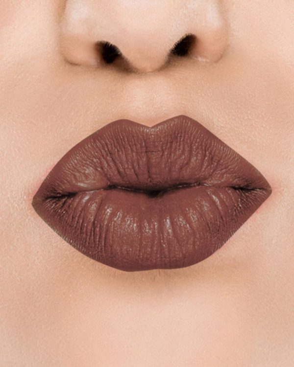 Raww - Coconut Kiss Lipstick in the shade of Chocolate Chunks with a closeup image applied to a woman's puckered lips