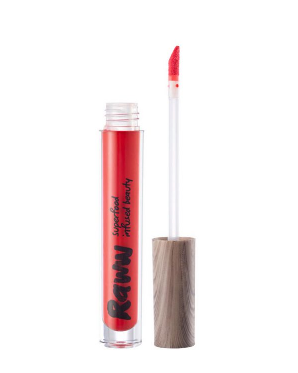 Raww - Coconut Splash Lip Gloss opened container in the shade of Red Hot