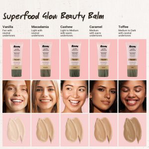 Raww foundation shade match chart for their Superfood Glow Beauty Balm Cream