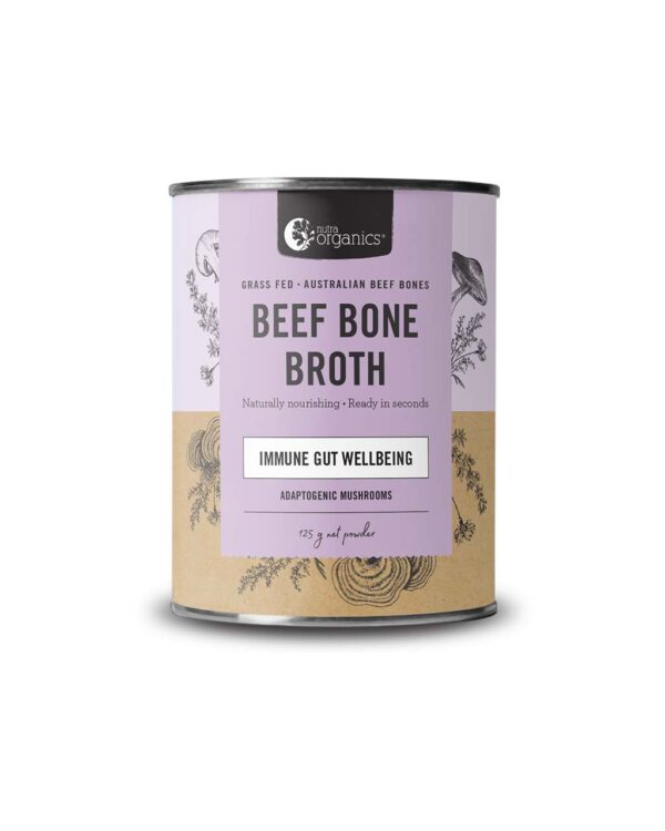 Nutra Organics Adaptogenic Mushroom Flavour Beef Bone Broth in a new 125 gram canister
