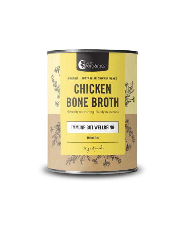 Nutra Organics Turmeric Flavour Chicken Bone Broth in a new 125 gram canister