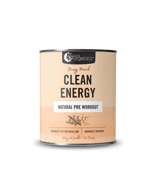 Nutra Organics Clean Energy in Juicy Peach Flavour 250 gram container