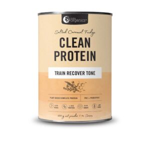 Nutra Organics Clean Protein Salted Caramel Fudge Flavour in a 500 gram canister