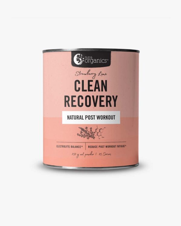 Nutra Organics Clean Recovery Strawberry Lime in a 250 gram container