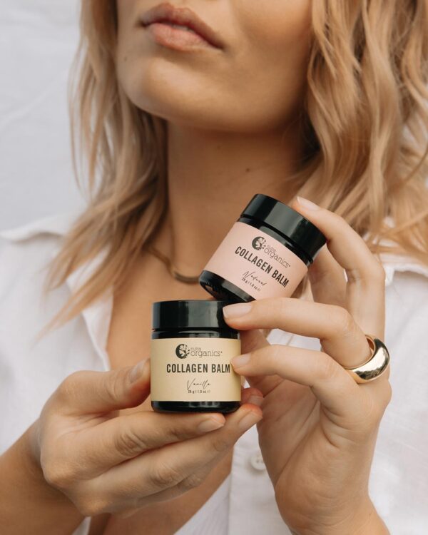 Nutra Organics styled image with woman holding both Vanilla and Natural Scent Collagen Balm Products