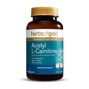 Acetyl L-Carnatine 60 Capsules by Herbs of Gold with front view of bottle