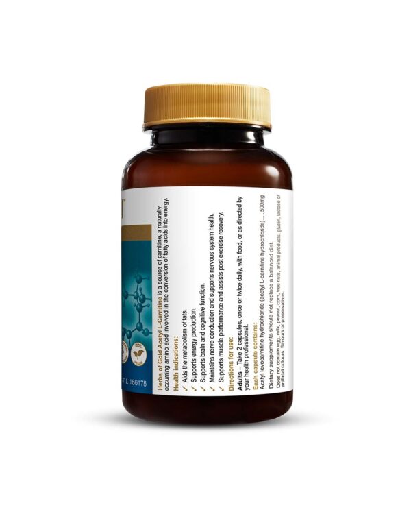 Acetyl L-Carnatine 60 Capsules by Herbs of Gold with right side view of bottle