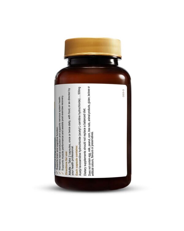 Acetyl L-Carnatine 60 Capsules by Herbs of Gold with back view of bottle