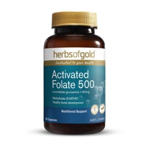 Activated Folate 500 by Herbs of Gold showing front view of a 60 Capsule bottle