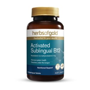 Herbs of Gold - Activated Sublingual B12 formula showing the front view of a 75 Sublingual Tablet bottle