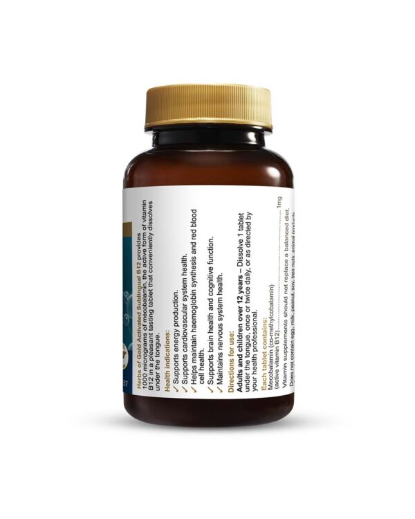 Herbs of Gold - Activated Sublingual B12 formula showing the right view of a 75 Sublingual Tablet bottle