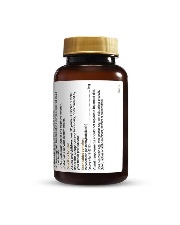 Herbs of Gold - Activated Sublingual B12 formula showing the back view of a 75 Sublingual Tablet bottle