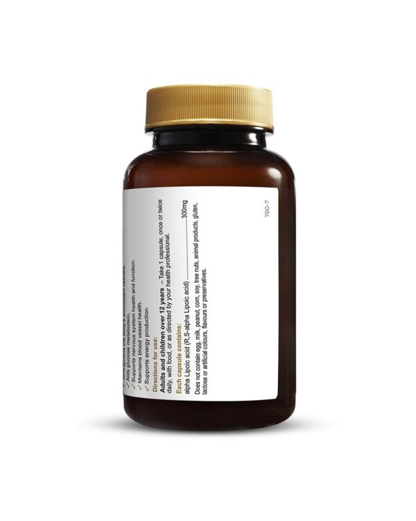 Herbs of Gold - Alpha Lipoic Acid 300 mg formula showing the back view of a 60 Capsule bottle