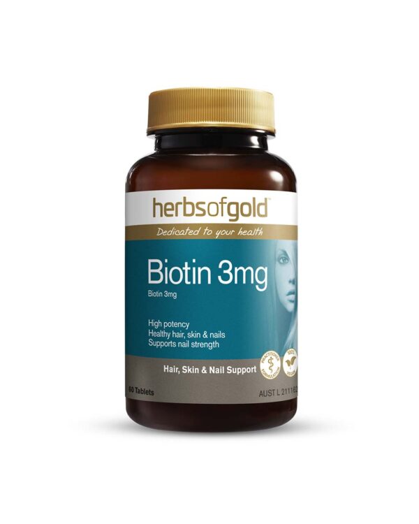 Herbs of Gold - Biotin front view of a 60 tablet bottle containing 3mg per tablet