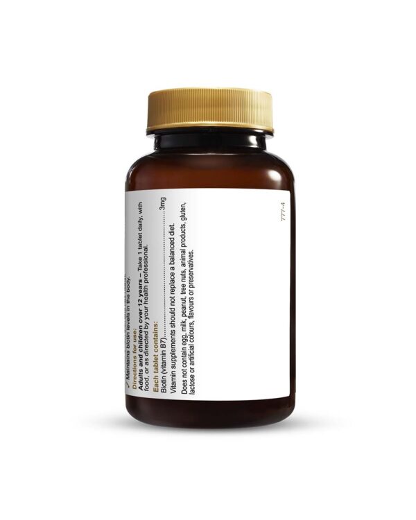 Herbs of Gold - Biotin rear view of a 60 tablet bottle containing 3mg per tablet