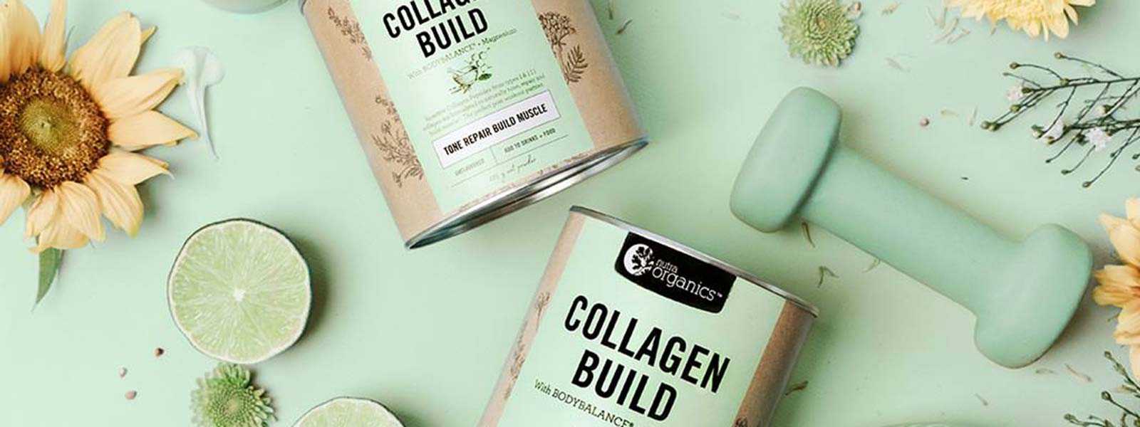 Nutra Organics Collagen Build styled image banner with mint green small dumbells, limes, flowers, on a light green background