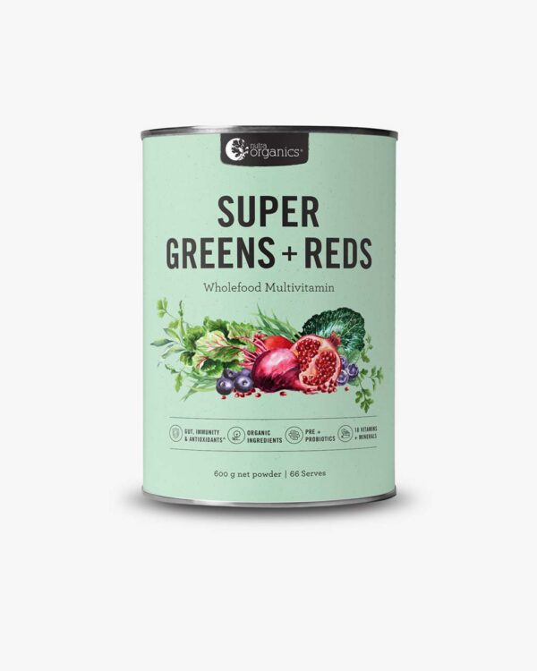 Nutra Organics Super Greens plus Reds in a 600 gram container