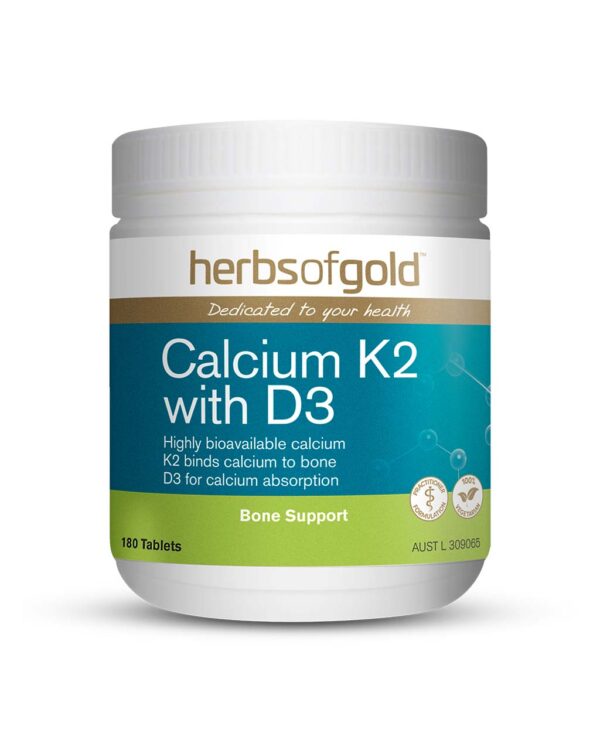 Herbs of Gold – Calcium K2 with D3 front view of a 180 Tablet bottle