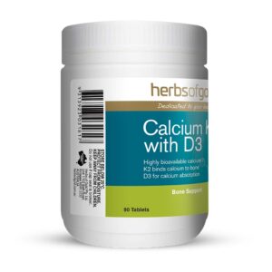 Herbs of Gold – Calcium K2 with D3 left view of a 90 Tablet bottle