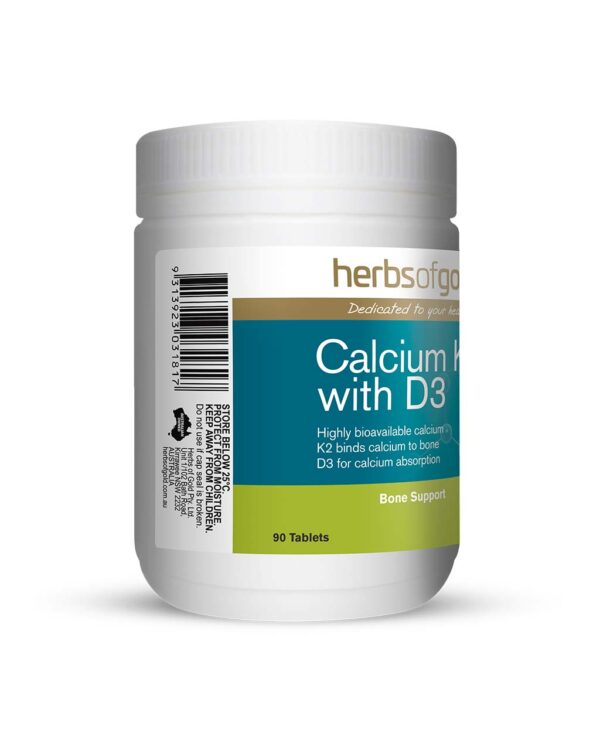 Herbs of Gold – Calcium K2 with D3 left view of a 90 Tablet bottle