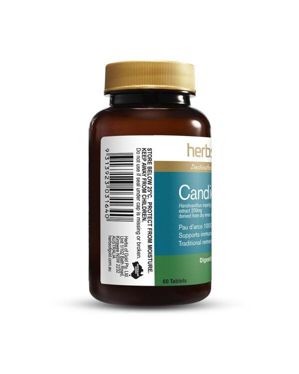 Herbs of Gold – Candida Relief left view of a 60 tablet bottle