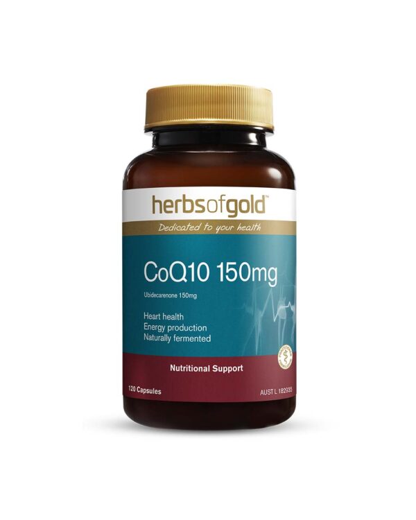 Herbs of Gold – CoQ10 150mg front view of a 120 capsule bottle