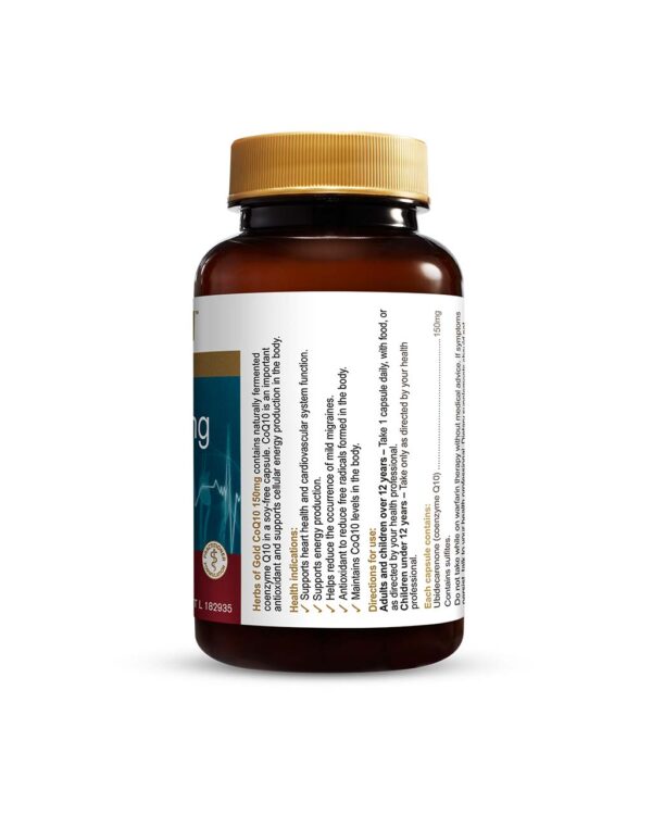 Herbs of Gold – CoQ10 150mg right view of a 60 capsule bottle