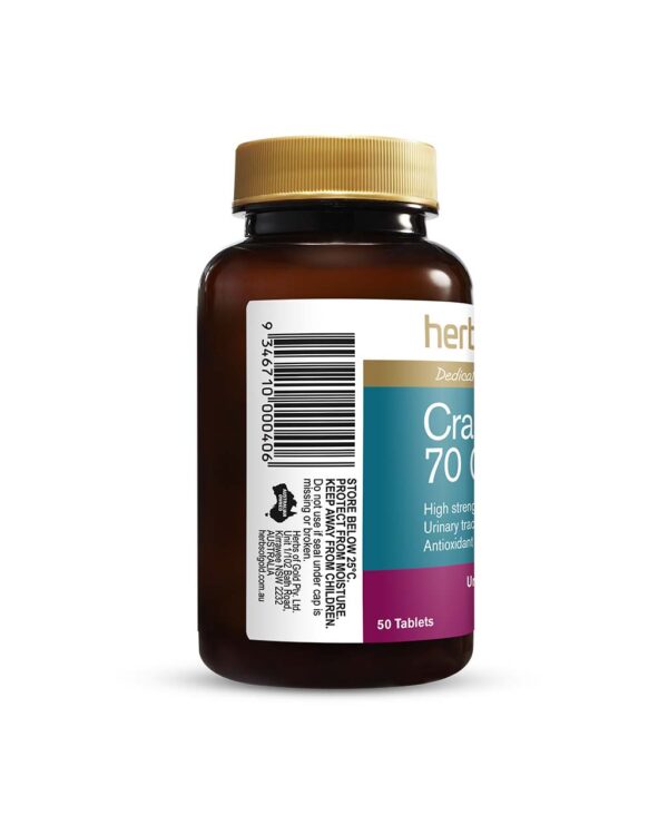Herbs of Gold – Cranberry 70 000 left view of a 50 tablet bottle